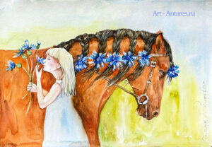 Лошадка и девочка. Акварельный рисунок Елены Реутовой.