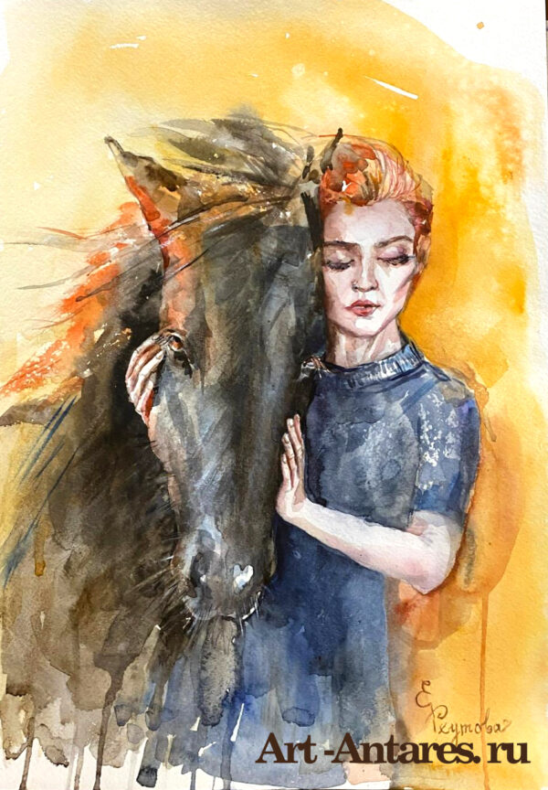 девушка с лошадью. Акварель